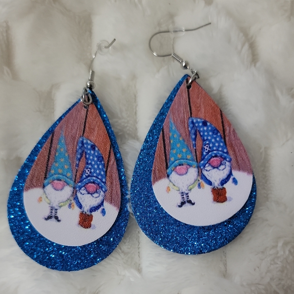 Blue Glitter Gnome Teardrop Earrings